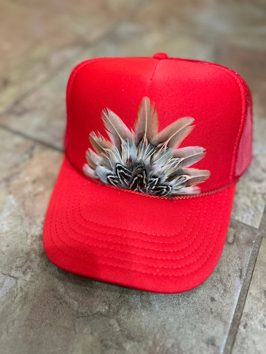 RED Feathered Trucker Hat