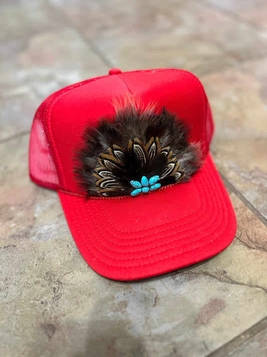RED with Turquoise Feathered Trucker Hat